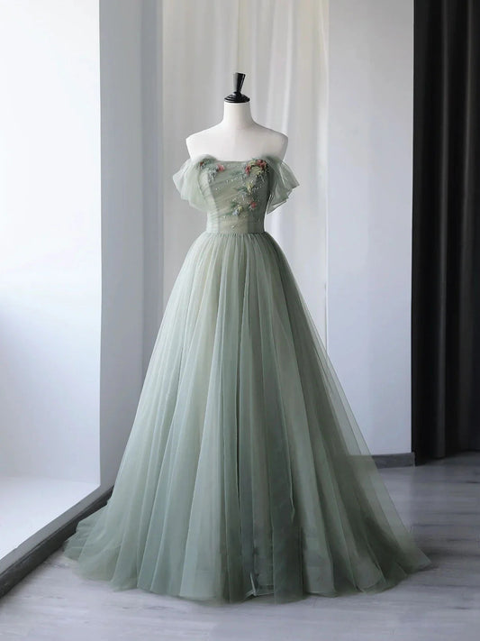 A-Line Tulle Green Long Prom Dress Green Tulle Formal Dress with Sequin
