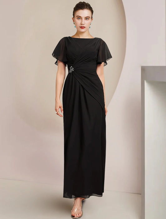 Pillar set bride mother dress wedding guests dignified and atmospheric low round neck and ankle chiffon short sleeves with crystal brooches
