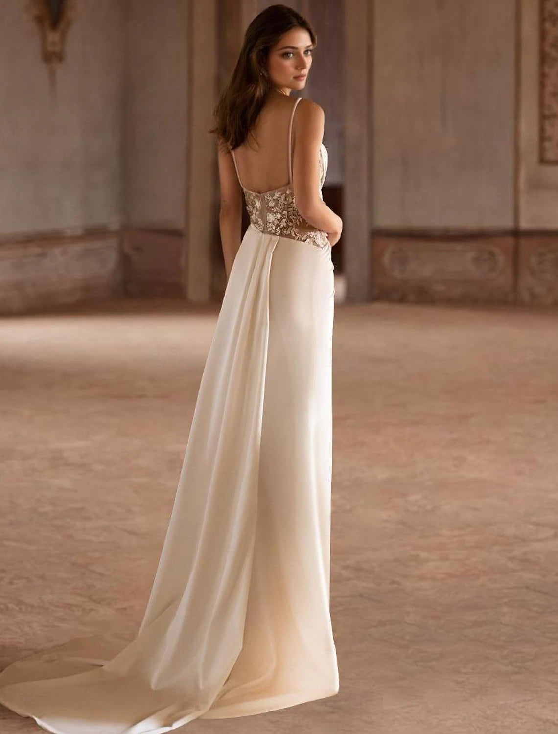 Beach formal Bohemian style wedding dress A-line low round neck thin shoulder strap trailing satin bridal dress with pleated beading