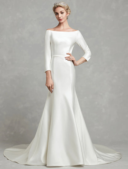 Minimalist and Low Luxury Wedding Dress Mermaid Loudspeaker Off Shoulder Long sleeved Church Tailed Satin Bridal Dress with Folded Wedding Party