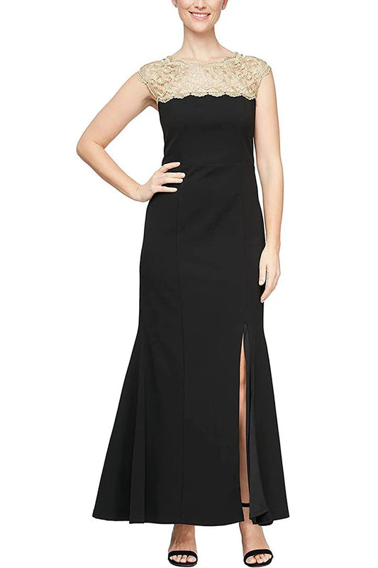 Fashion Scalloped Neck Sleeveless Lace Neck & Shoulder Slit Front Zipper Back Crepe Mother of the Bride Dresses