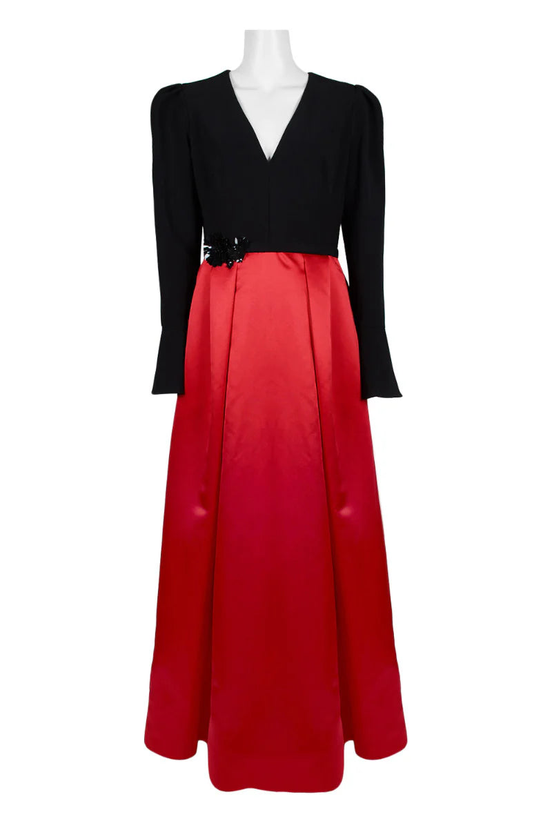 V-Neck Long Sleeve Embellished Waist Box Pleat Zipper Back Crepe Mother of the Bride Dresses