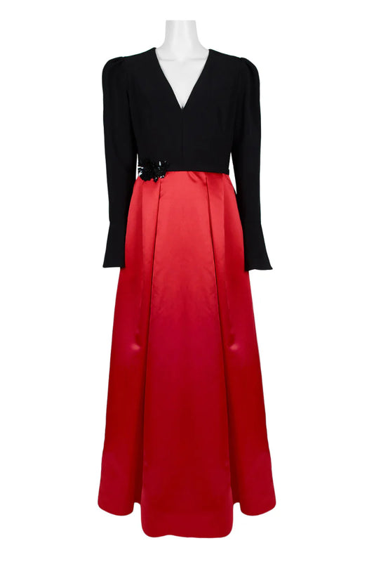 V-Neck Long Sleeve Embellished Waist Box Pleat Zipper Back Crepe Mother of the Bride Dresses