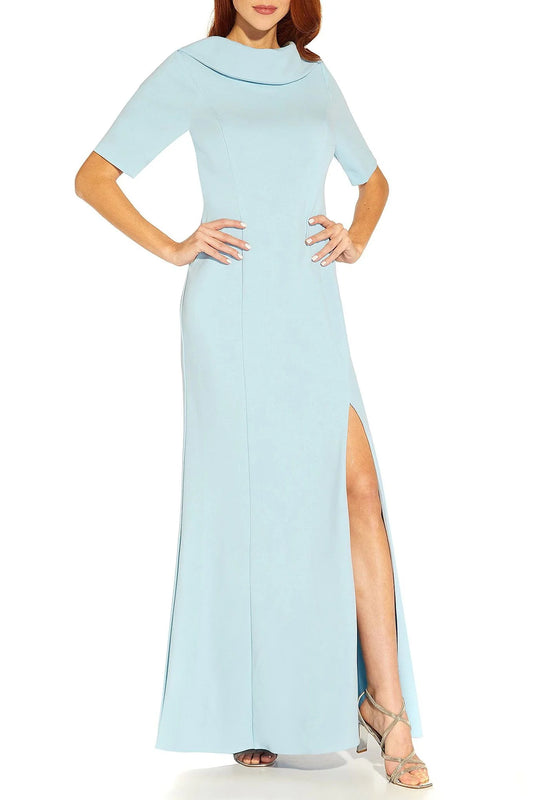 Crew Neck Short Sleeves Back Zipper Side Slit Long Crepe Mother of the Bride Dresses