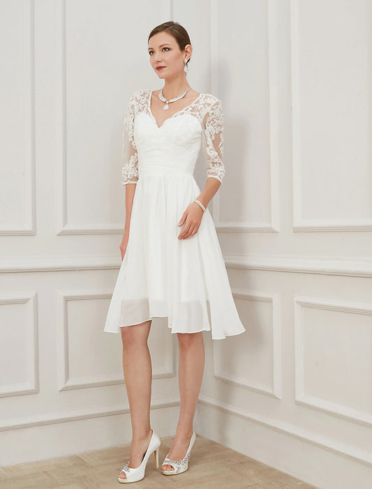Little white dress wedding dress A-line V-neck half sleeved knee length chiffon bridal dress with pendant stickers