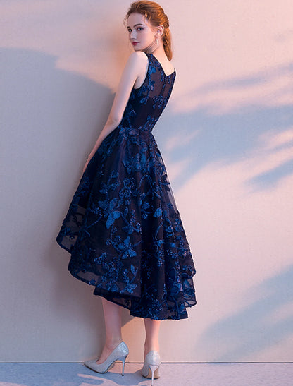 A-line Dress Elegant Wedding Guests Asymmetric Sleeveless Jewel Neck Thin Yarn Fold Pattern Print