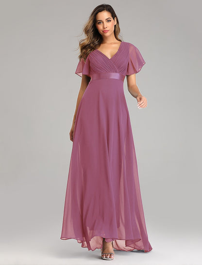 A-shaped ball dress autumn wedding guest dress bridesmaid floor to ceiling long and short sleeved V-neck chiffon V-back strap pleated ruffle edge
