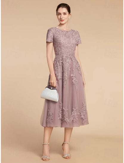 A-shaped Bride Mom Dress Wedding Guests Elegant and Beautiful Gem Neck Tea Long Lace Thin Veil Pleated Flowers