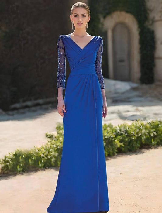 Tight Column Wedding Guests Generous and Elegant Dress Formal Wedding Guests Floor length 3/4 Long Sleeves V-Neck Elastic Belt Folded Bead Decoration