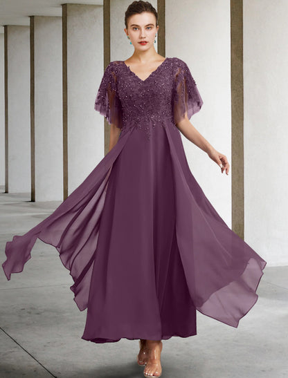 A-line curve bride's mother dress elegant gemstone collar and ankle chiffon lace short sleeved with sequin inlay