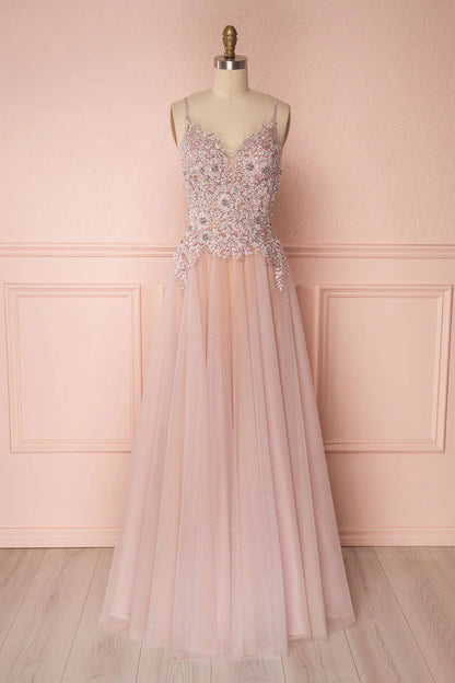Pink v neck tulle lace applique long prom dress pink prom dress