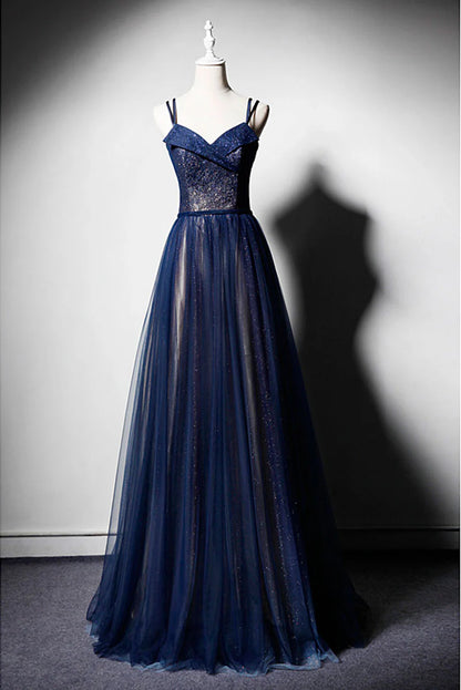 Dark blue tulle long prom dress dark blue prom dress