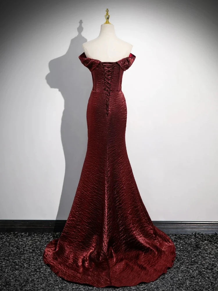 Mermaid Off Shoulder Satin Burgundy Long Evening Dress Burgundy Long Formal Dress