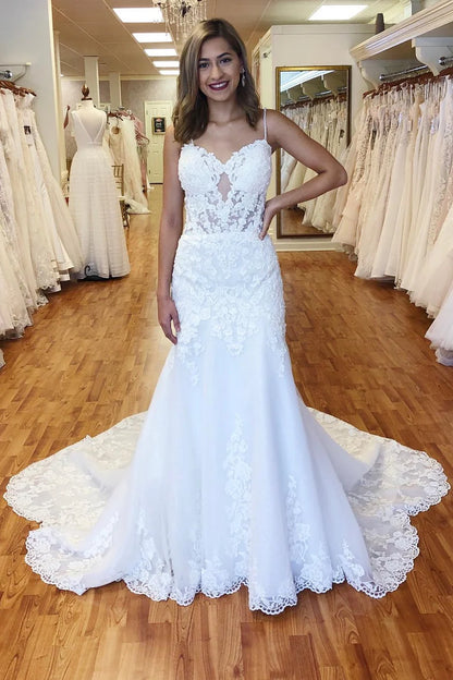 Lace Bustier Keyhole Straps Mermaid Long Wedding Dress