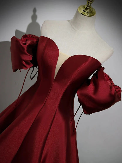A-Line Puff Sleeves Satin Burgundy Long Evening Dress Burgundy Long Formal Dress
