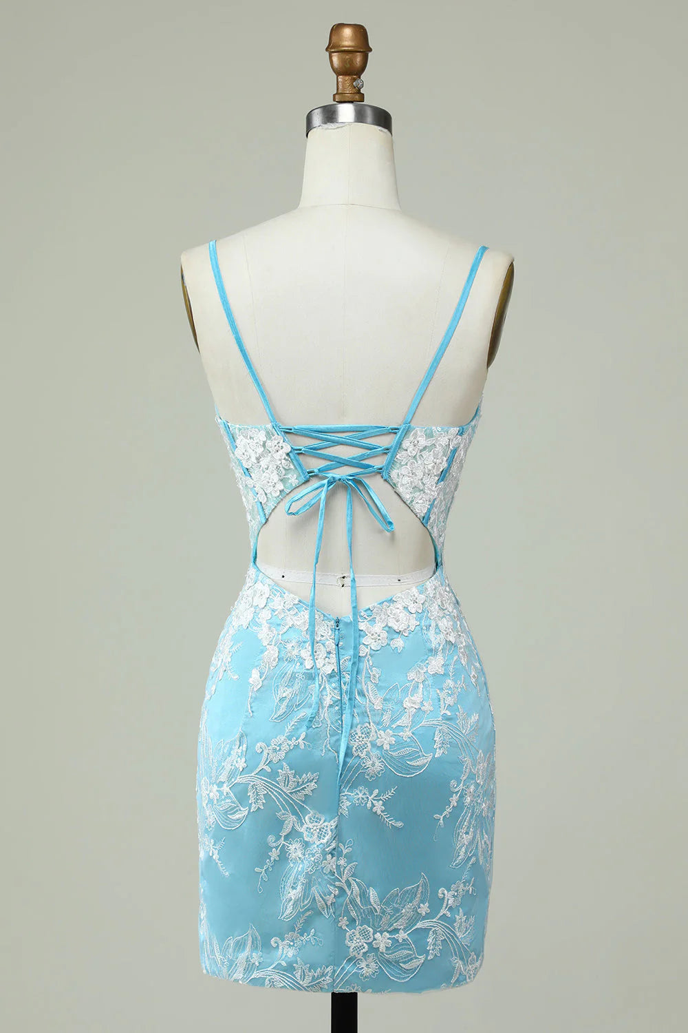 Light Blue Sheath Spaghetti Straps Short Homecoming Dress