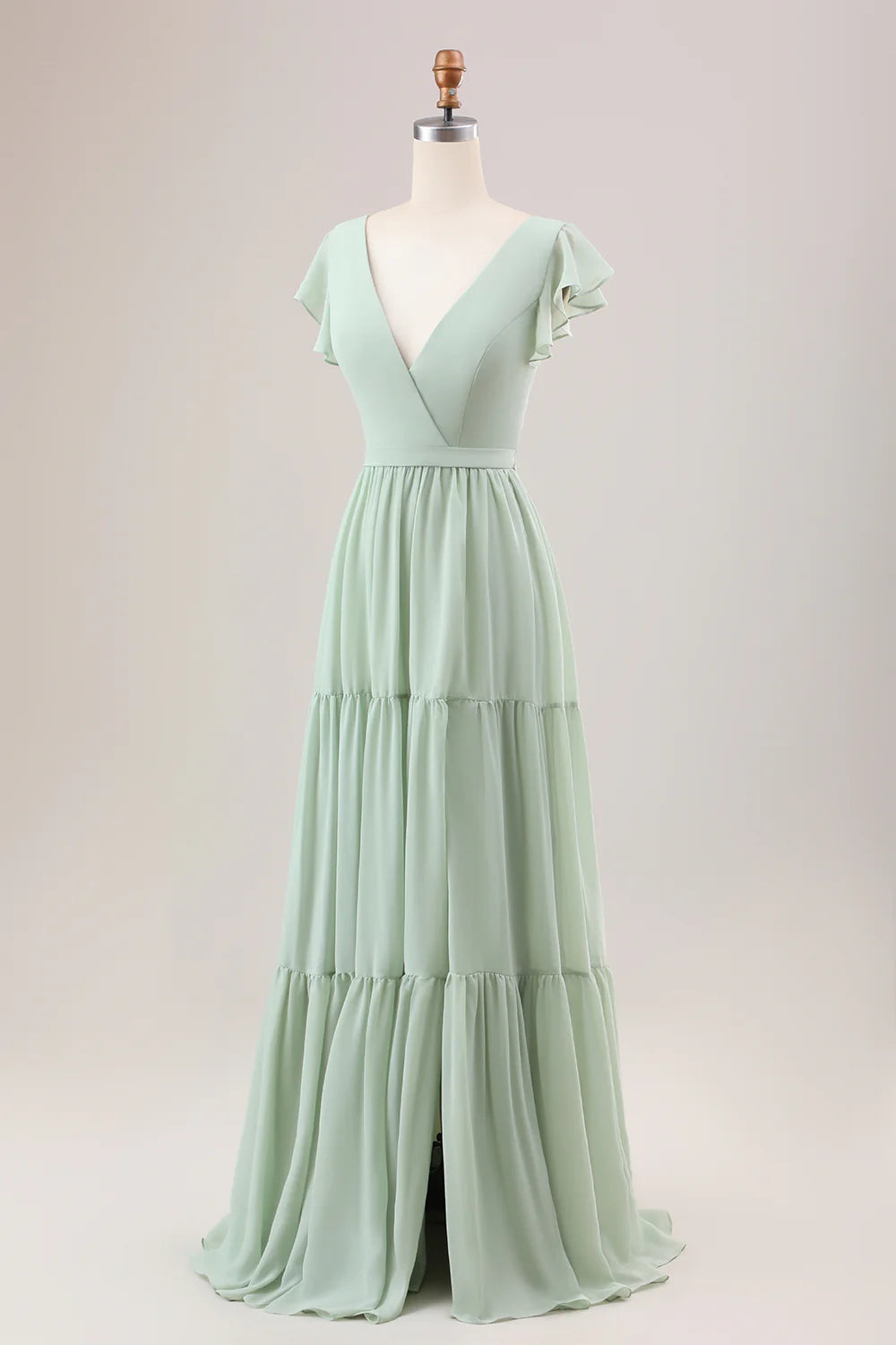 A Line V Neck Lace-Up Back Long Bridesmaid Dress With Slit