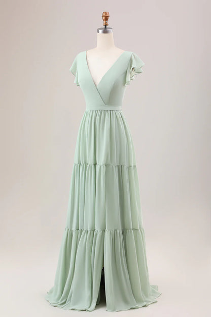 A Line V Neck Lace-Up Back Long Bridesmaid Dress With Slit