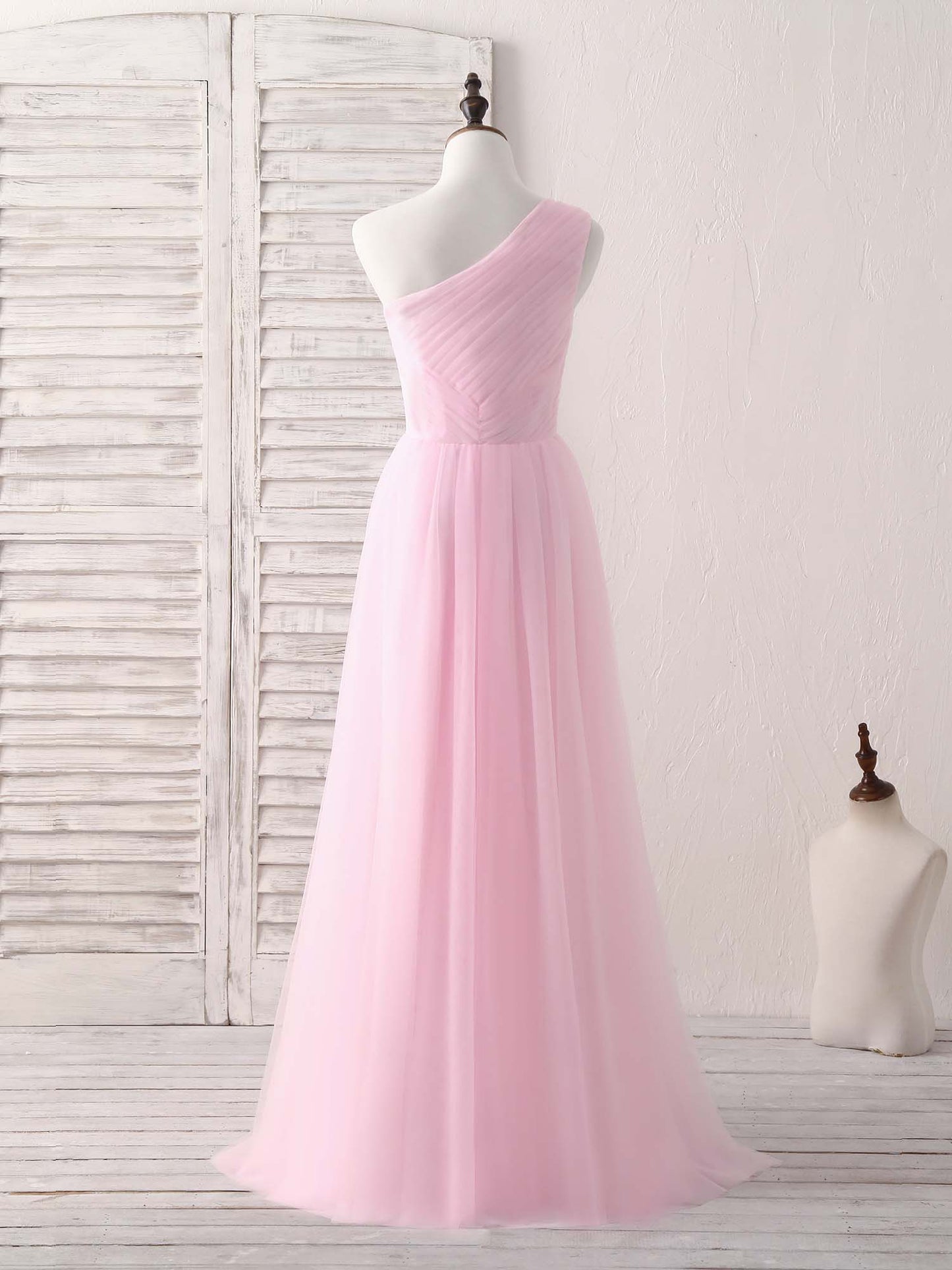 Tulle One Shoulder Long Prom Dress Pink Bridesmaid Dress