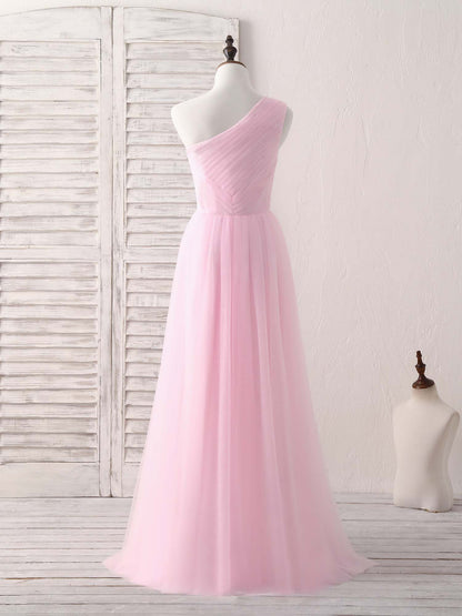 Tulle One Shoulder Long Prom Dress Pink Bridesmaid Dress