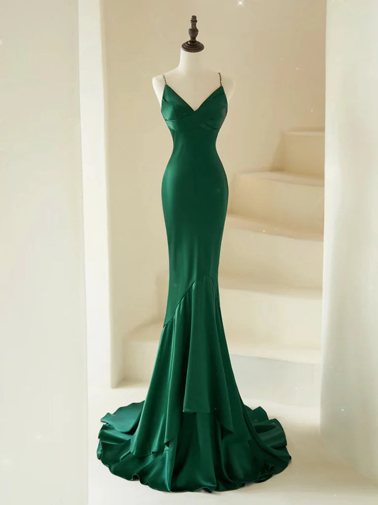 Mermaid V Neck Satin Green Long Prom Dress Green Satin Long Formal Evening Dress