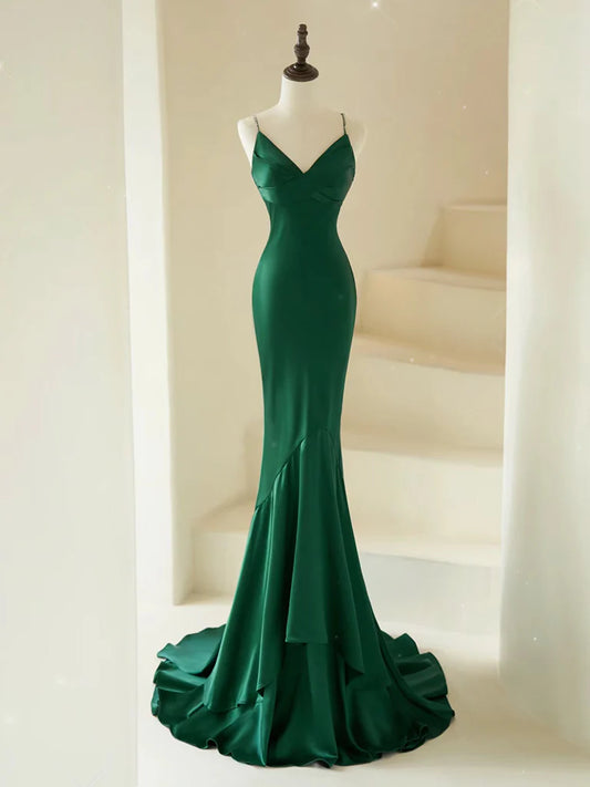 Mermaid V Neck Satin Green Long Prom Dress Green Satin Long Formal Evening Dress