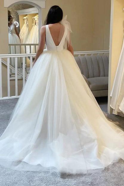 Tulle Plunge V Open Back Ball Gown with Bow