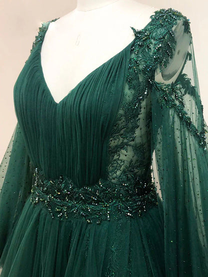 Green v neck lace A line long prom dress green tulle prom dress