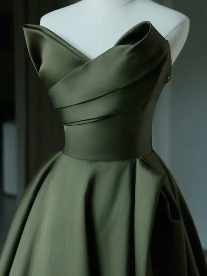 A-Line V Neck Satin Green Long Evening Dress Green Long Formal Dress ﻿