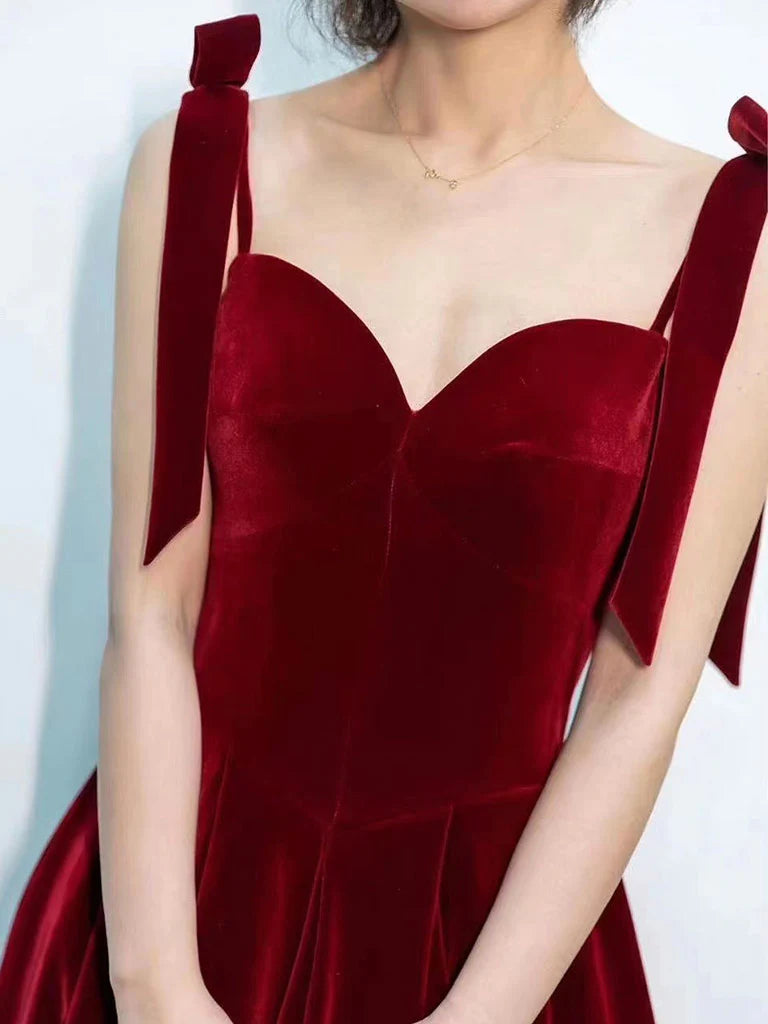 A-Line Sweetheart Neck Velvet Burgundy Long Prom Dress Burgundy Formal Evening Dress