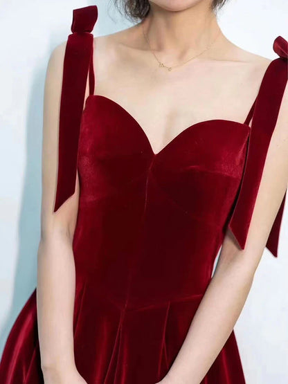 A-Line Sweetheart Neck Velvet Burgundy Long Prom Dress Burgundy Formal Evening Dress
