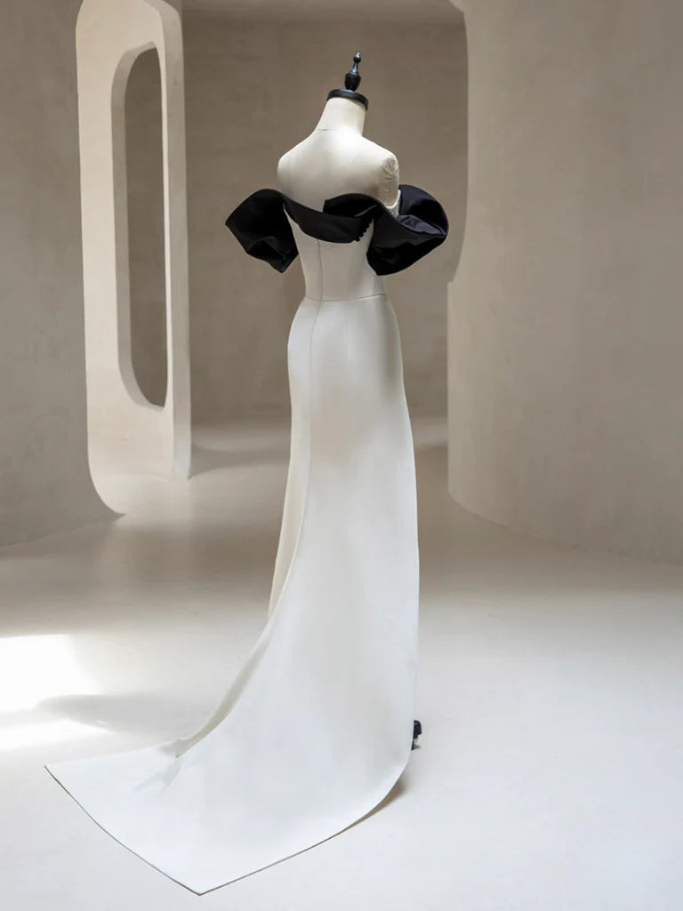 Simple Off Shoulder Satin Black/White Long Evening Dress
