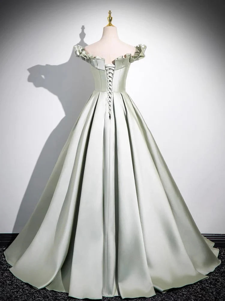 A-Line Satin Green Long Evening Dresses Green Long Formal Dress