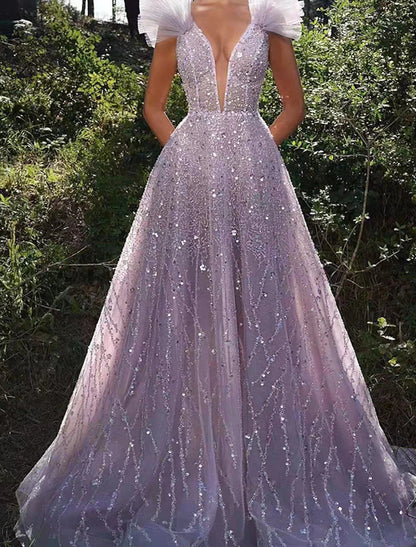 A-shaped ball sparkling dress formal wedding party floor length sleeveless V-neck sequin backless