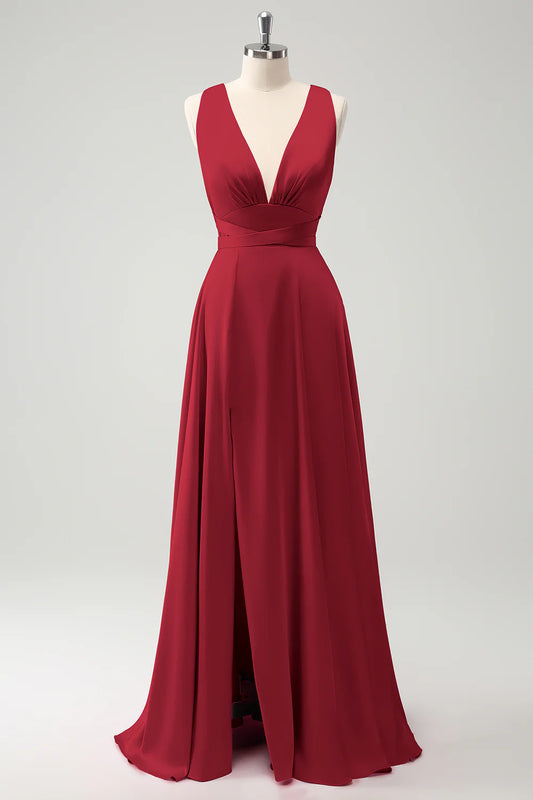 A Line Deep V Neck Backless Long Bridesmaid Dress with Slit