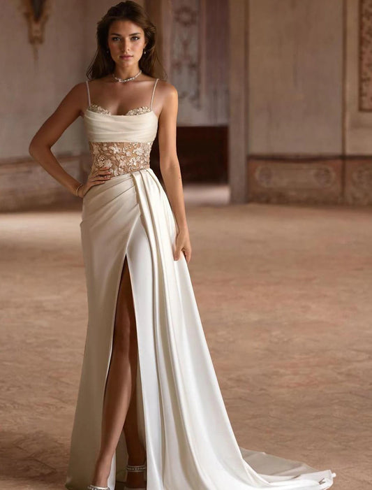 Beach formal Bohemian style wedding dress A-line low round neck thin shoulder strap trailing satin bridal dress with pleated beading