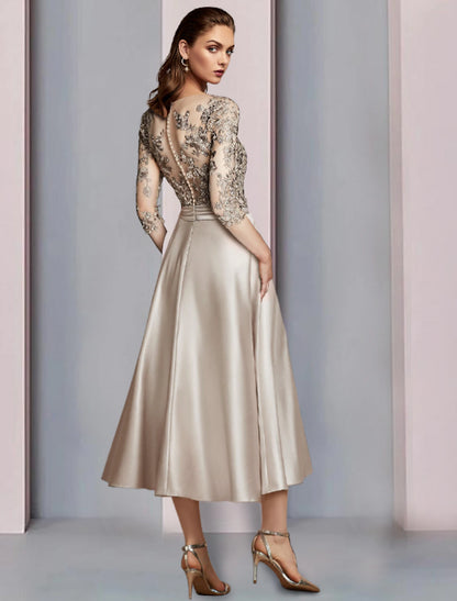 A-shaped Bride Mom Dress Wedding Guests are dignified with V-neck tea long satin lace half sleeve pleated stickers