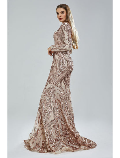 Mermaid Loudspeaker Elegant Evening Dress Carnival Long sleeved V-neck African American Lace with Sequins