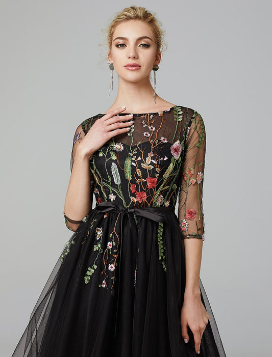 A-line black dress retro wedding guests chicken knee long sleeved phantom collar Wednesday Adams family sheer embroidered stickers