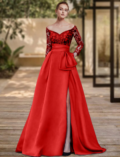 Tight column style evening dress with high slit for formal wedding guests broomstick tail&nbsp; 3/4 long sleeved off shoulder soft satin with bow slit
