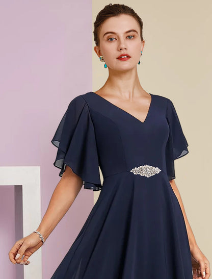A-shaped Bride Mom Dress Formal Wedding Elegant and dignified V-neck Tea Long Chiffon Lace Short Sleeves with Applique Crystal Breast Pin