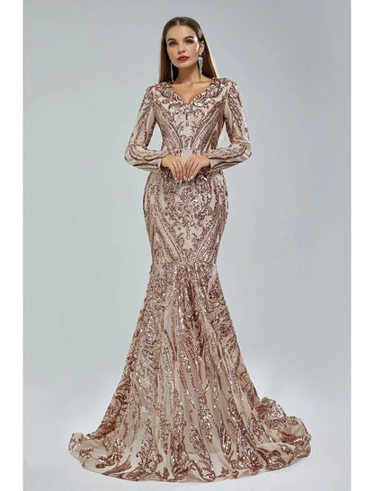 Mermaid Loudspeaker Elegant Evening Dress Carnival Long sleeved V-neck African American Lace with Sequins