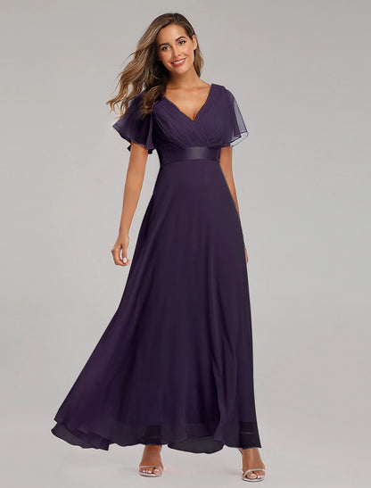 A-shaped ball dress autumn wedding guest dress bridesmaid floor to ceiling long and short sleeved V-neck chiffon V-back strap pleated ruffle edge