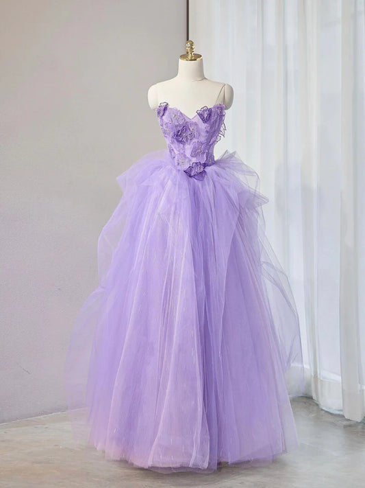 A-Line Sweetheart Neck Tulle Lace Applique Purple Long Evening Dress Purple Formal Dress