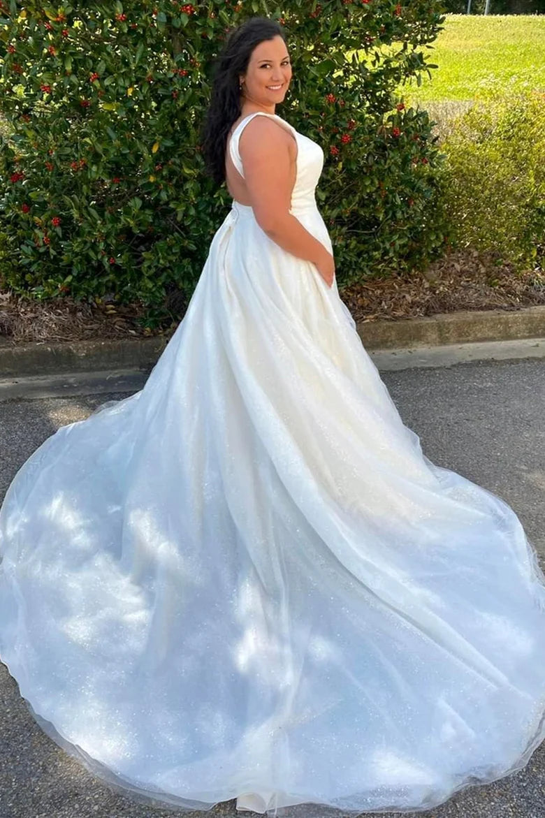 Glittery Square Neck Backless A-Line Long Wedding Dress