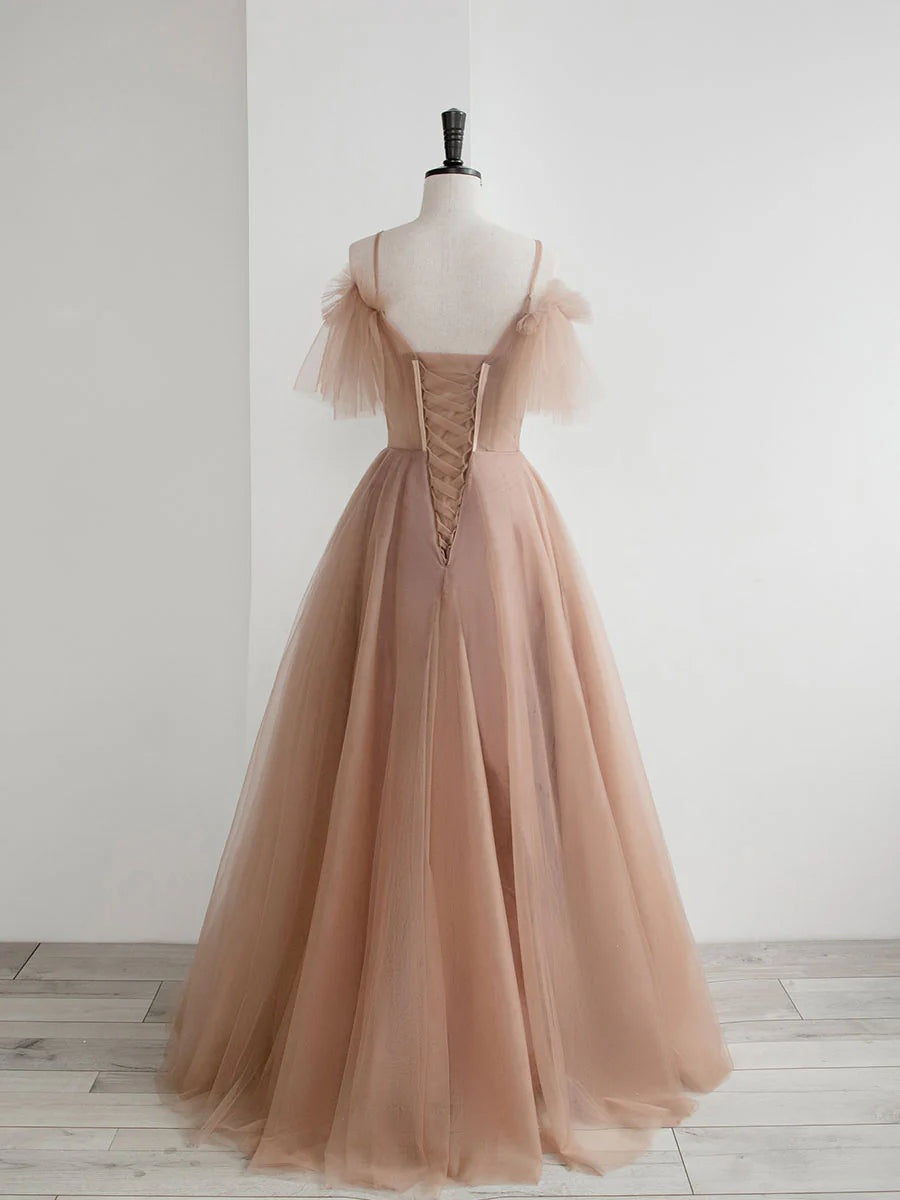 Champagne A line tulle lace long prom dress champagne prom dress