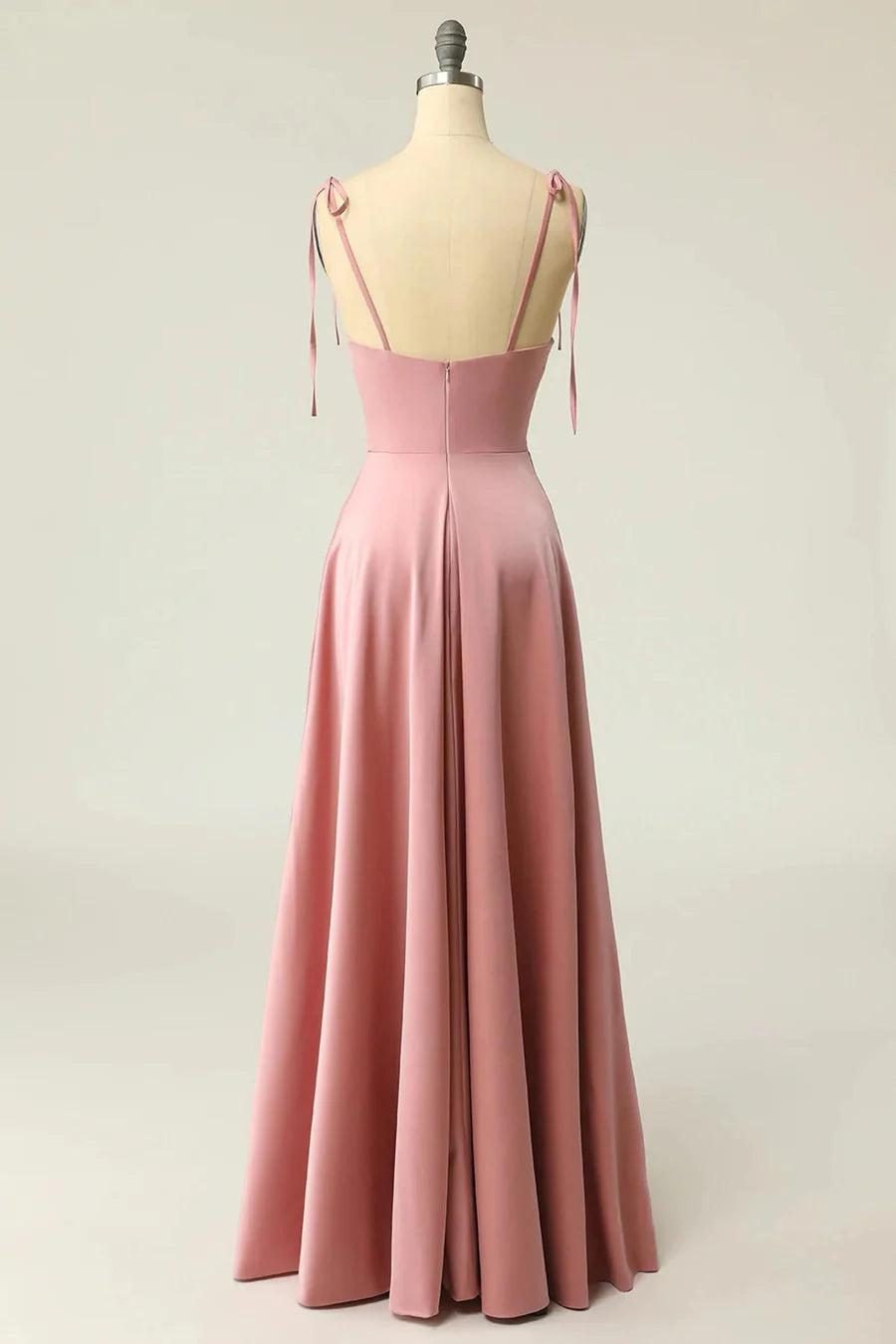 Satin Square Neck Tying Straps Long Bridesmaid Dress