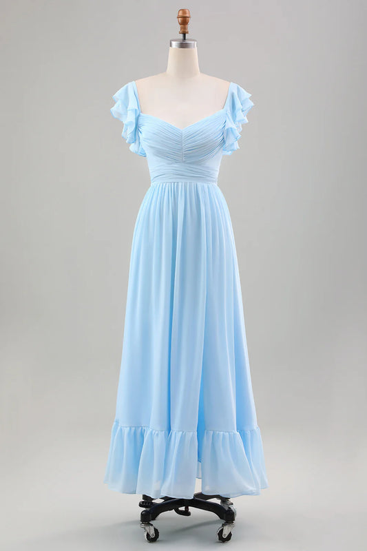 A Line Chiffon Pleated Tea-Length Dress with Ruffle Sleeves