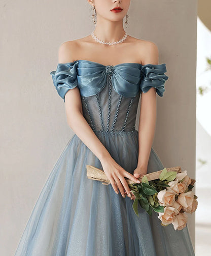Blue off shoulder satin long prom dress blue satin prom dress