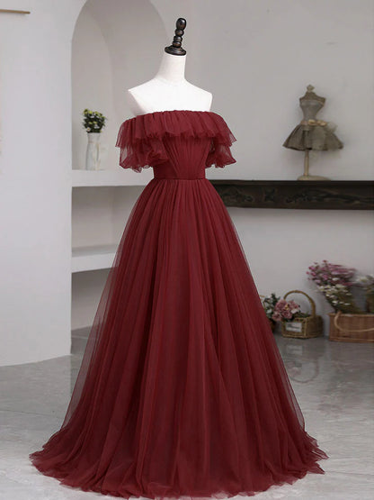 A line burgundy tulle long prom dress  burgundy tulle prom dress